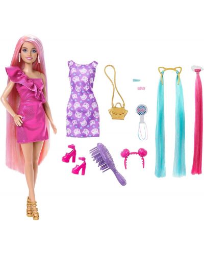 Κούκλα Barbie Fun & Fancy Hair - Με μακριά πολύχρωμα μαλλιά και αξεσουάρ - 3