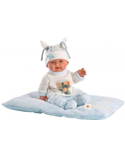 Κούκλα-μωρό Llorens - Με μπλε ρουχαλάκια, μαξιλάρι και λευκό καπέλο, 26 εκ - 1