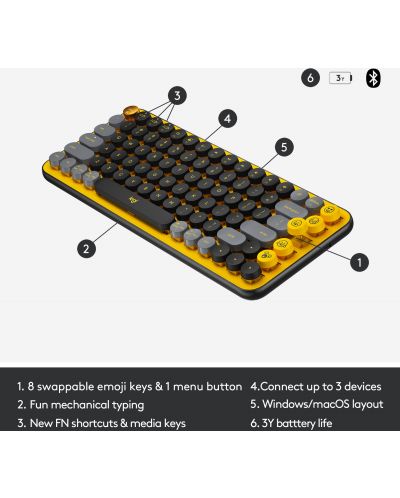 Μηχανικό πληκτρολόγιο Logitech - POP Keys, ασύρματο, κίτρινο/μαύρο - 6
