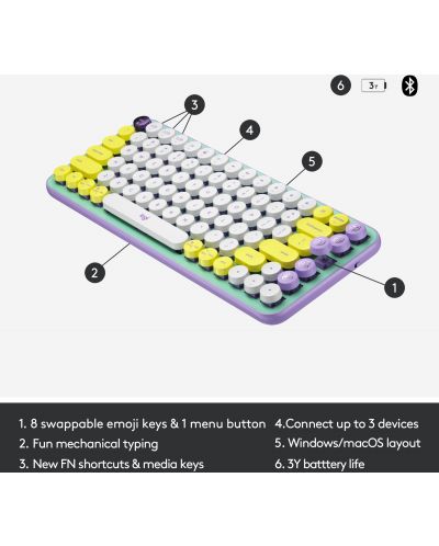Μηχανικό πληκτρολόγιο Logitech - POP Keys, ασύρματο, μωβ/πράσινο  - 6