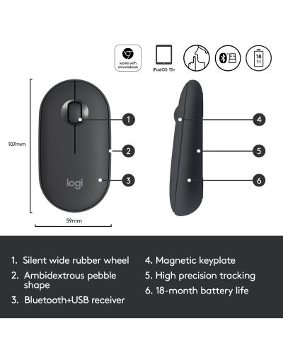Ποντίκι Logitech - Pebble M350, οπτικό,  ασύρματο, μαύρο - 7