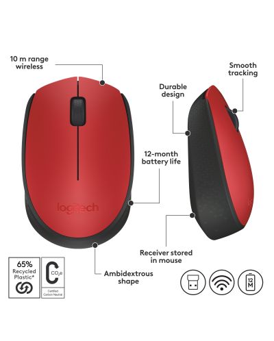 ποντίκι Logitech - M171, Οπτικό , ασύρματο, κόκκινο - 8