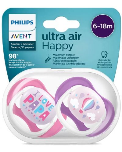 Ορθοδοντικές πιπίλες Philips Avent - Ultra Air Happy,6-18 μηνών, 2 τεμάχια, για κορίτσια, επιγραφή/μπαλόνι - 4