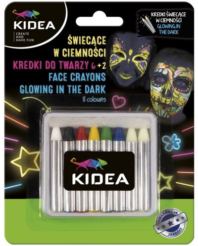 Κηρομπογιές για πρόσωπο  Kidea - 6 χρώματα + 2 που  φωτίζουν στο σκοτάδι - 1