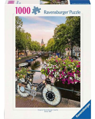 Παζλ Ravensburger 1000 κομμάτια - Ποδήλατο και λουλούδια στο Άμστερνταμ - 1