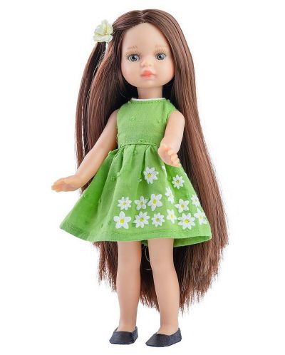 Κούκλα Paola Reina Mini Amigas - Εστέλλα, με πράσινο φόρεμα από λευκά λουλούδια, 21 εκ - 1