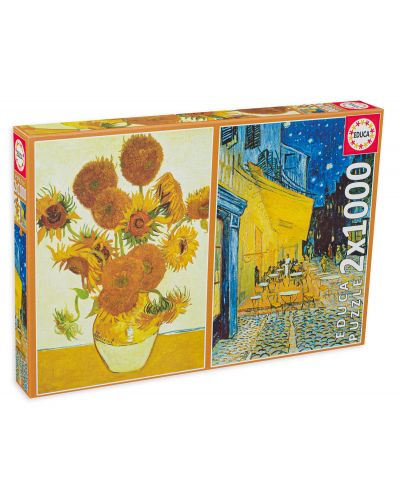 Παζλ Educa 2 x 1000 κομμάτια - Τα Ηλιοτρόπια και Βεράντα καφενείου τη νύχτα, Vincent van Gogh - 1