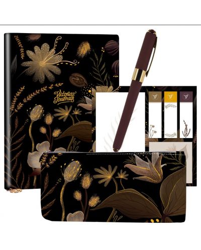 Σετ δώρου Victoria's Journals Florals - Χρυσό και μαύρο, 4 μέρη, σε κουτί - 1