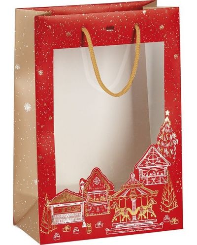Τσάντα δώρου Giftpack - Bonnes Fêtes, 20 x 10 x 29 cm, κόκκινο με χρυσή σφράγιση, με PVC παράθυρο - 1