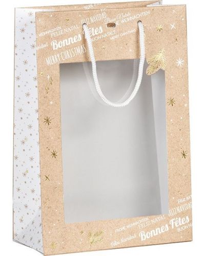 Τσάντα δώρου Giftpack - Bonnes Fêtes, 20 x 10 x 29 cm, ζεστή σφράγιση, κραφτ, λευκό και χρυσό, με PVC παράθυρο - 1