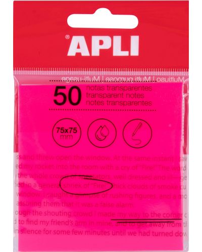 Αυτοκόλλητες σημειώσεις διαφανές  Apli - Ροζ, 75 x 75 mm, 50 φύλλα - 1
