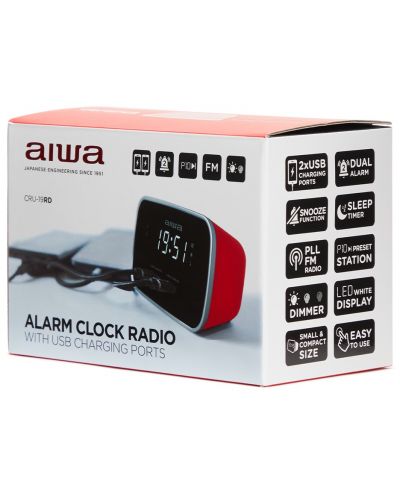 Ραδιοφωνικό ηχείο  με ρολόι Aiwa - CRU-19RD, κόκκινο/μαύρο - 4