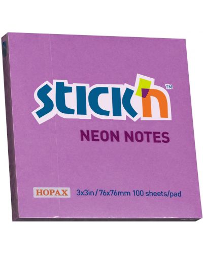 Αυτοκόλλητα φύλλα Stick'n - 76 x 76 mm, βιολετί νέον, 100 φύλλα - 1