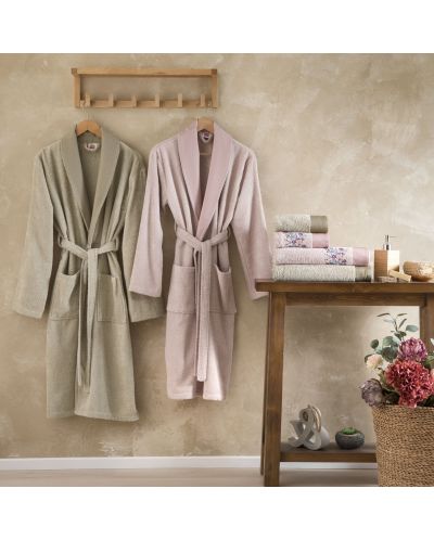 Οικογενειακό σετ μπουρνούζια και πετσέτες TAC - Tiffany, 6 μέρη, 100% βαμβάκι, ροζ/μπεζ - 1