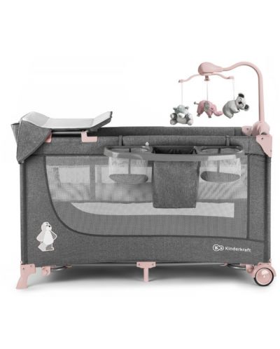 Πτυσσόμενο παρκοκρέβατο για μωρά KinderKraft - Joy Full,με αξεσουάρ, γκρι με ροζ - 2