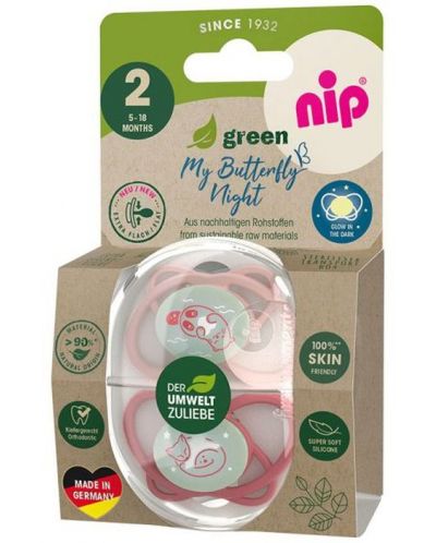 Πιπίλες σιλικόνης NIP Green - Night, 5-18 μηνών, 2 τεμαχίων,ροζ - 2