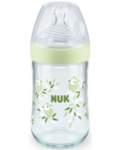 Γυάλινο μπιμπερό Nuk - Nature Sense, με θηλή σιλικόνης M, 240 ml, πράσινο - 1