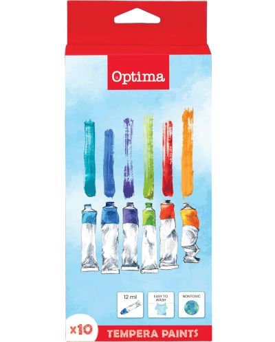 Tempera χρώματα Optima - 10 χρώματα, με πινέλο - 1