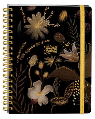 Σημειωματάριο Victoria's Journals Florals - Χρυσαφί και μαύρο, σκληρό εξώφυλλο, διακεκομμένες σελίδες, 96 φύλλα, А5 - 1