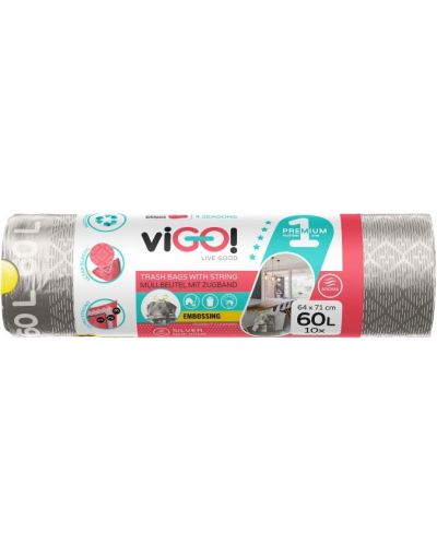 Σακούλες σκουπιδιών με κορδόνια viGO! - Premium #1, 60 l, 10 τεμάχια, ασημί - 1