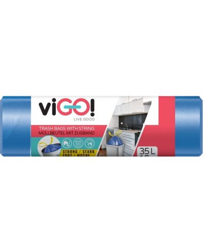 Σακούλες σκουπιδιών με κορδόνια viGO! - Standard, 35 l, 15 τεμάχια, μπλε - 1
