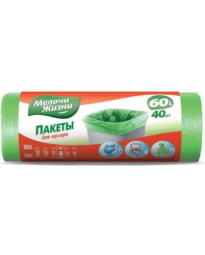 Σακούλες απορριμμάτων Мелочи Жизни - Стандарт, 60 L, 40 τεμάχια, πράσινο - 1