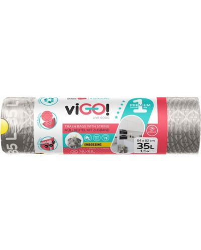Σακούλες σκουπιδιών με κορδόνια viGO! - Premium #1, 35 l, 15 τεμάχια, ασημί - 1