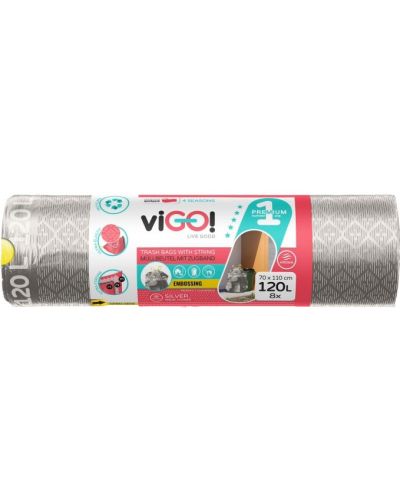 Σακούλες σκουπιδιών με κορδόνια  viGO! - Premium #1, 120 l, 8 τεμάχια, ασημί - 1
