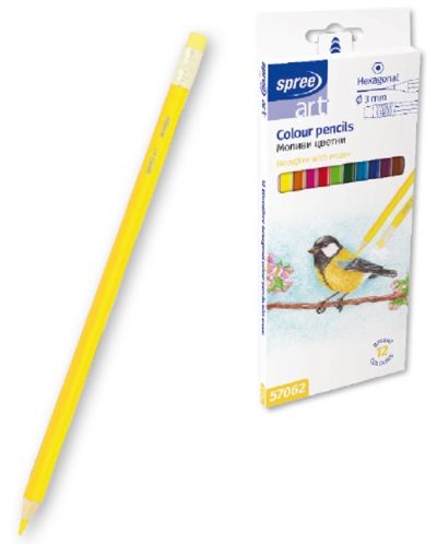 Χρωματιστά μολύβια SpreeArt - Εξάγωνο, Ø 2,65 mm, 12 χρώματα με γόμα - 1