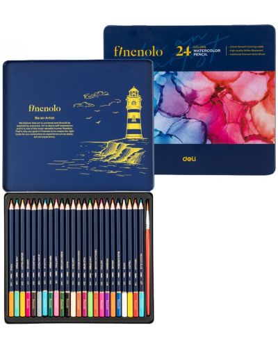 Χρωματιστά μολύβια ακουαρέλας Deli Finenolo - EC129, 24 χρώματα, σε μεταλλικό κουτί - 1