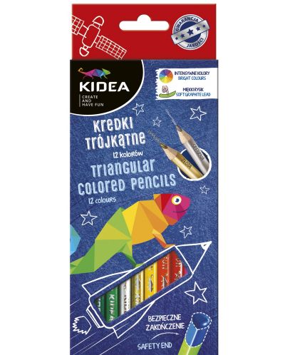 Χρωματιστά μολύβια Kidea - τριγωνικά, 12 χρώματα + χρυσό και ασημί - 1