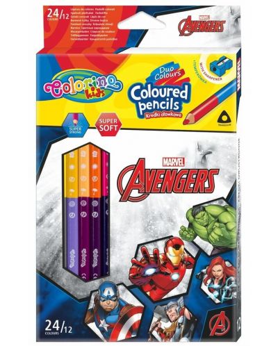 Χρωματιστά μολύβια με διπλό άκρο Colorino - Marvel Avengers, 12 χρώματα και ξύστρα - 1