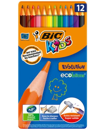 Έγχρωμα μολύβια BIC Kids - Evolution, 12 χρώματα, μεταλλικό κουτί - 1