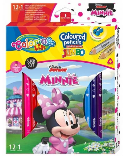 Χρωματιστά μολύβια Colorino Disney - Junior Minnie Jumbo, 12 + 1 χρώματα και ξύστρα - 1