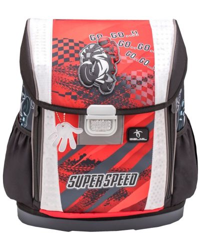Belmil Super Speed Σχολική τσάντα-κουτί σκληρό πάτο, ενισχυμένη πλάτη, ανακλαστικά στοιχεία, μία μπροστινή και δύο πλαϊνές τσέπες, βάρος 1100g - 3