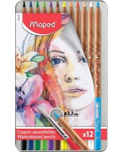 Μολύβια ακουαρέλα Maped Water Artist - 12 χρώματα, σε μεταλλικό κουτί -1