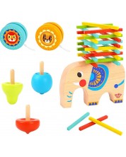Ξύλινο σετ Tooky Toy - ελεφαντάκι για ισορροπία, σβούρες, γιο-γιο -1