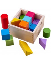 Ξύλινα μπλοκ Bigjigs - Χρωματιστά γεωμετρικά σχήματα, σε κουτί -1