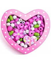 Ξύλινες χάντρες με κορδόνι Woody - Μικρή ροζ καρδιά
