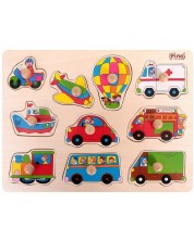 Παιδικό ξύλινο παζλ Pino - Οχήματα, με χερούλια, 10 κομμάτια  -1