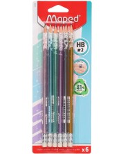 Μολύβια γραφίτη Maped - Glitter, HB, με γόμα, 6 τεμάχια -1