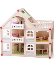 Σετ παιχνιδιού Woody - Τριώροφη κατοικία με μπαλκόνια, αξεσουάρ και κούκλες