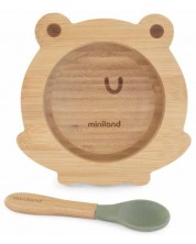 Σετ ξύλινο μπολ με βεντούζα και κουτάλι Miniland - Eco Friendly, Frog -1