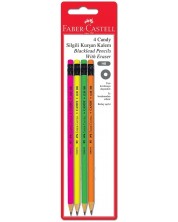Σετ μολύβια μαύρου γραφίτη Faber-Castell - Candy, HB, με γόμα, φθορίζον, 4 τεμάχια -1