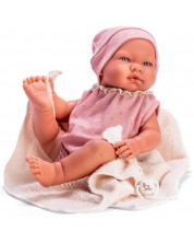 Κούκλα μωρό Asi Dolls -Η Μαρία, με ροζ κορμάκι και μπεζ κουβέρτα, 43 cm