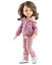 Κούκλα Paola Reina Amgas - Λου, με μωβ μπλούζα με κουκούλα και παντελόνι, 32 εκ
