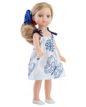 Κούκλα Paola Reina Mini Amigas -Η Βαλέρια, με λευκό φόρεμα με μπλε μοτίβα, 21 εκ -1