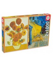 Παζλ Educa 2 x 1000 κομμάτια - Τα Ηλιοτρόπια και Βεράντα καφενείου τη νύχτα, Vincent van Gogh -1
