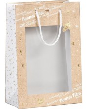 Σακούλα δώρου Giftpack - Bonnes Fêtes, 20 x 10 x 29 cm, ζεστή σφράγιση, κραφτ, λευκό και χρυσό, με PVC παράθυρο -1