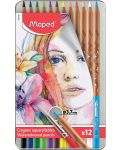 Μολύβια ακουαρέλα Maped Water Artist - 12 χρώματα, σε μεταλλικό κουτί - 1t
